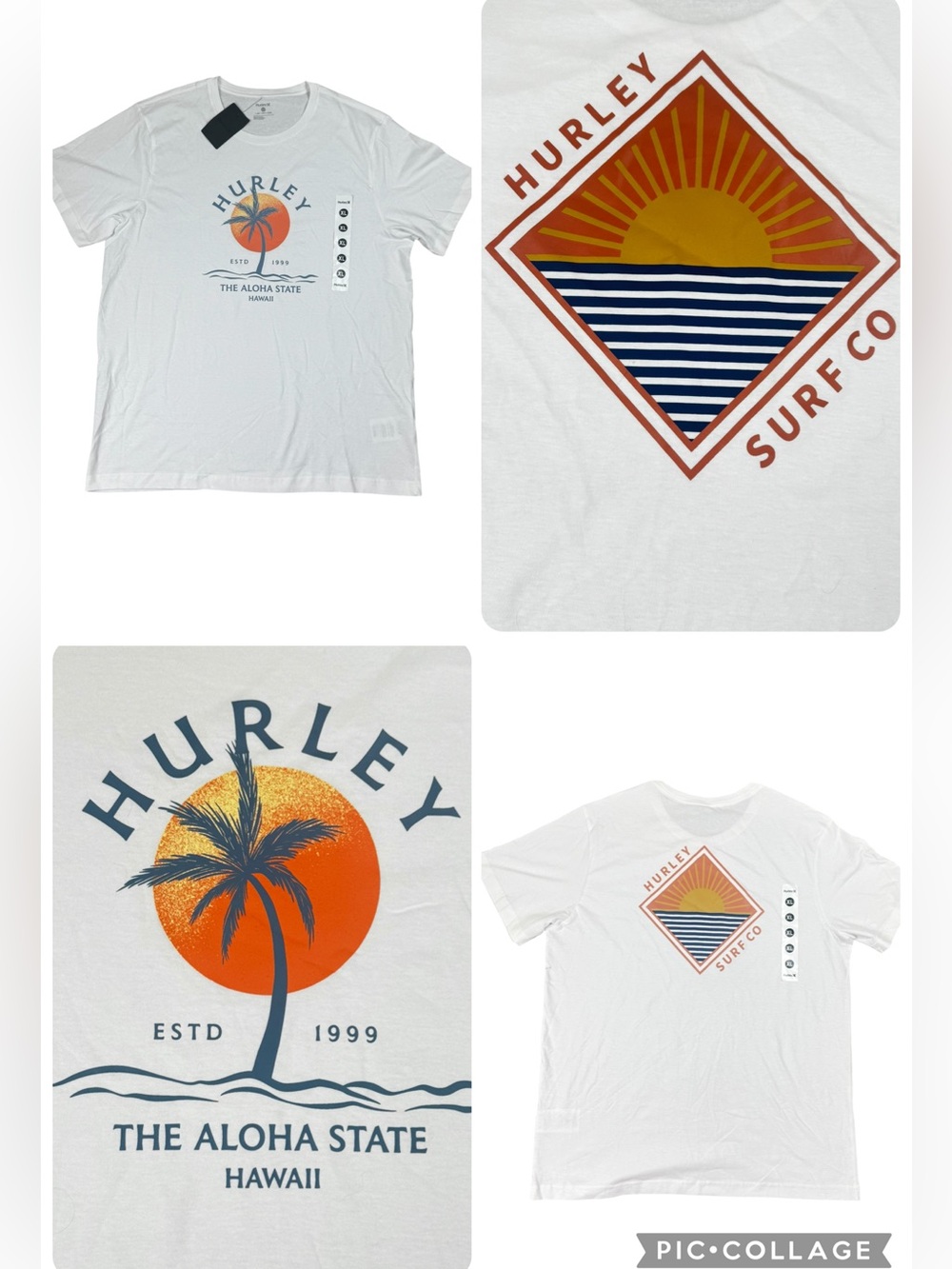 2 Hurley Men’s White Graphic Tee Shirts Size XL  Hawaii Surf Sunset Aloha